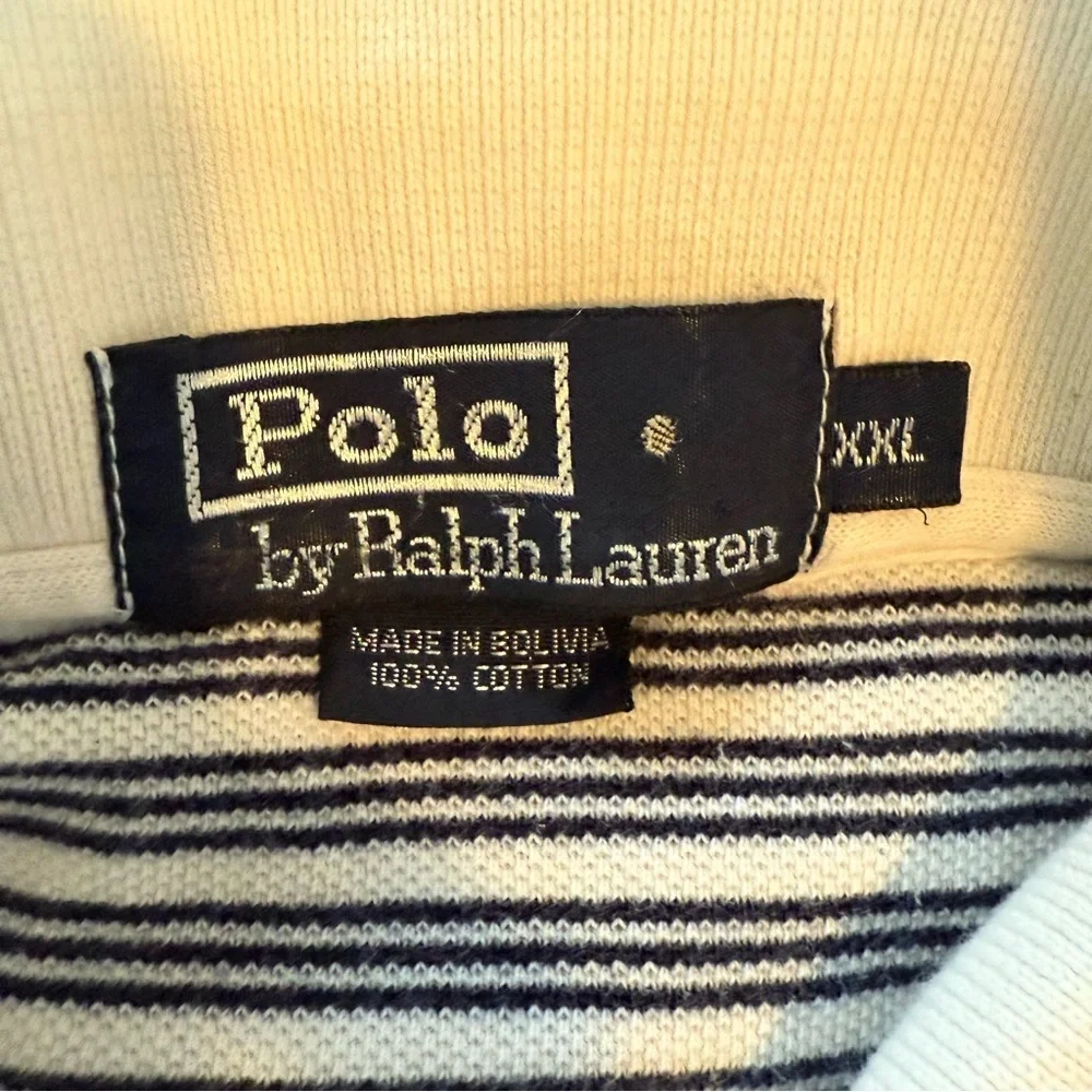 Ralph Lauren Men's Navy and Creme Striped Polo Shirt, 100% Cotton, Size XXL